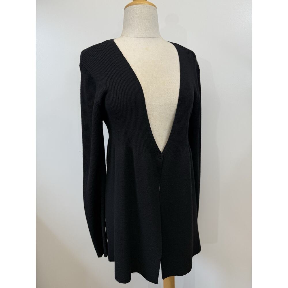 Eileen Fisher Medium Cardigan 100% Wool One Button Classic Black Knit Sweater